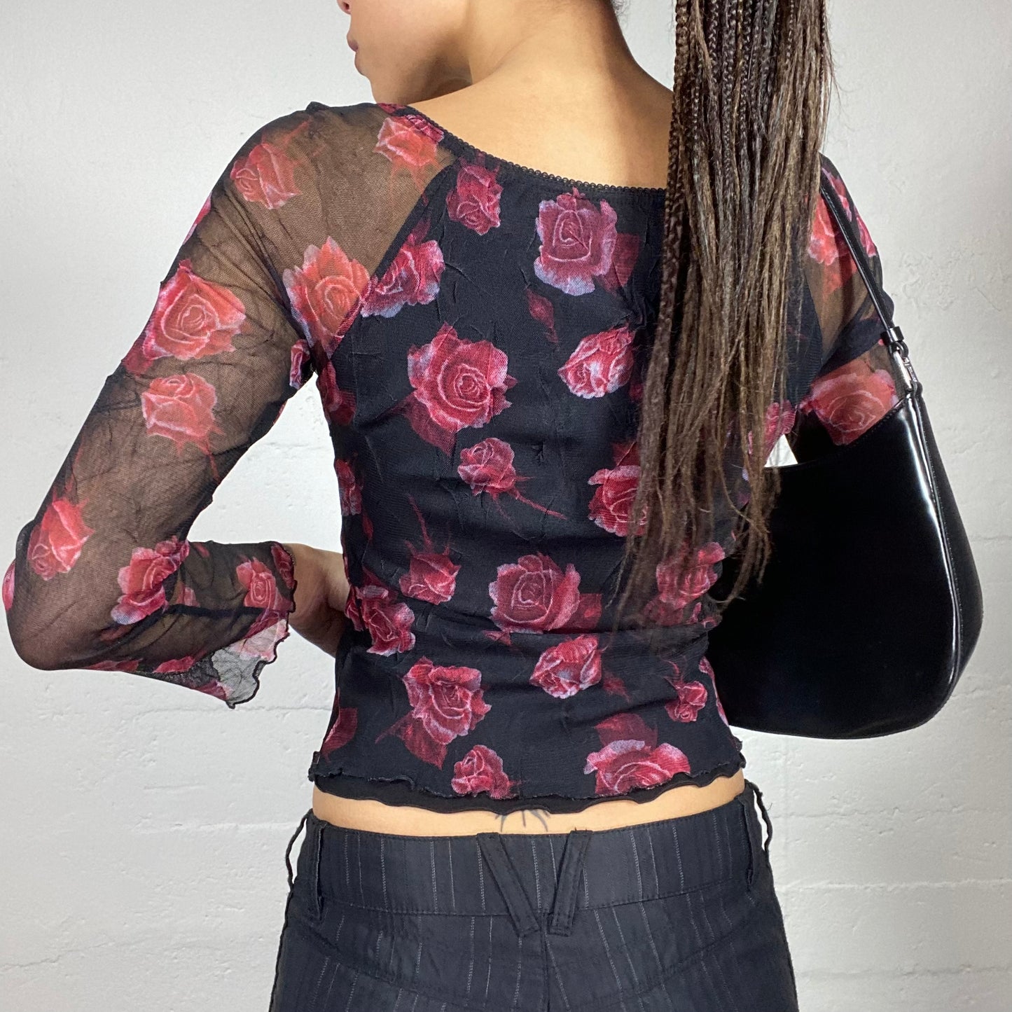 Vintage 2000's Classic Black Mesh Longsleeve Top with Pink Roses Print (S/M)