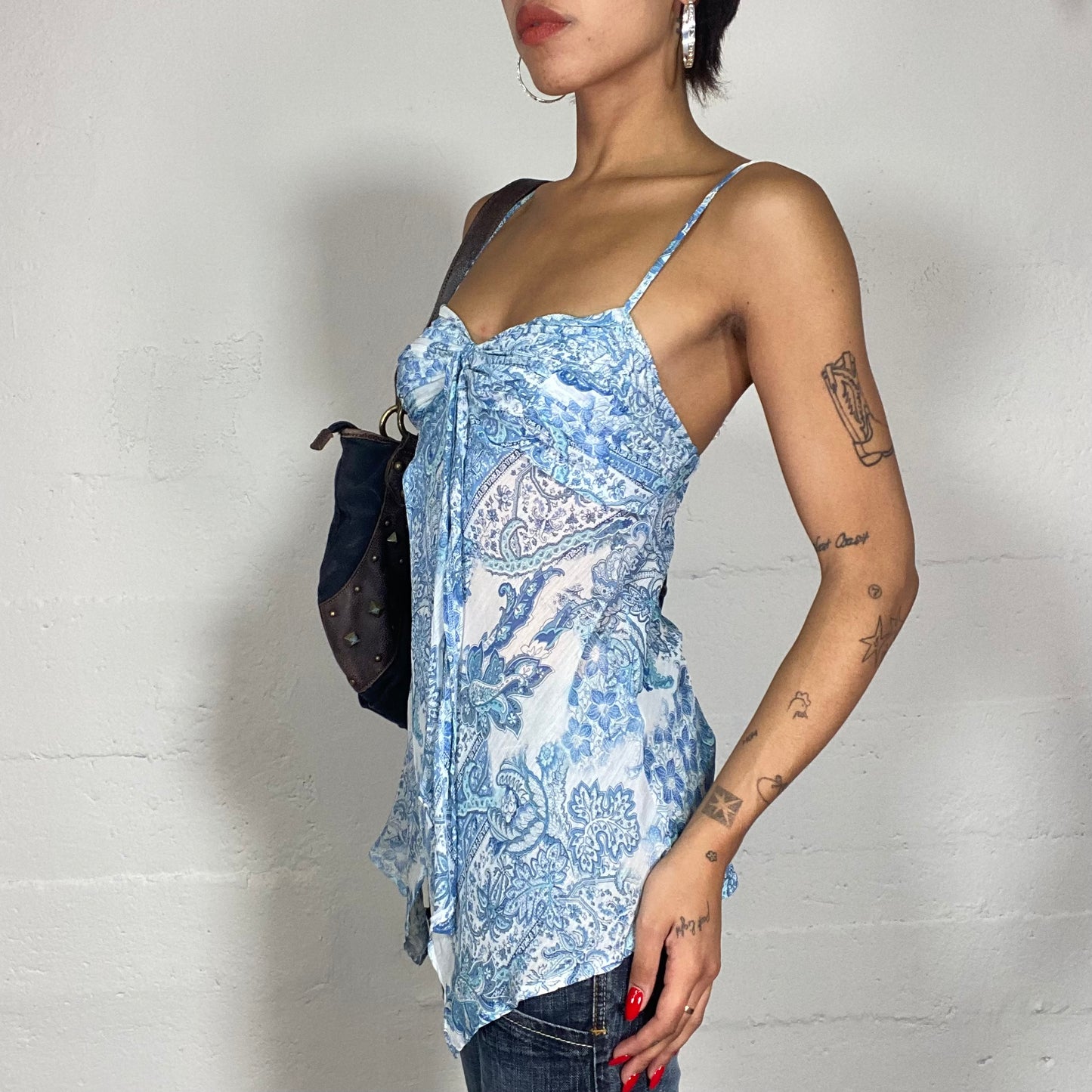Vintage 2000's Soft Girl White Layered Blouse with Blue Paisley Print (S)