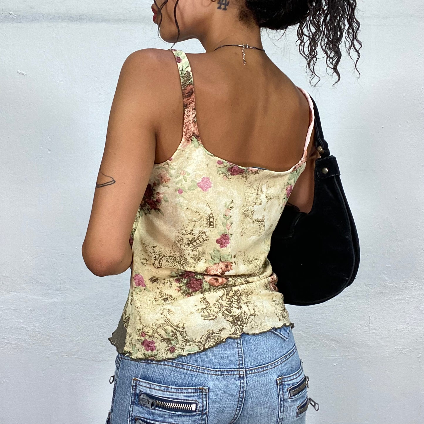 Vintage 2000's Grunge Asymmetric Khaki and Pastel Yellow Top with Lace and Floral Print (M)