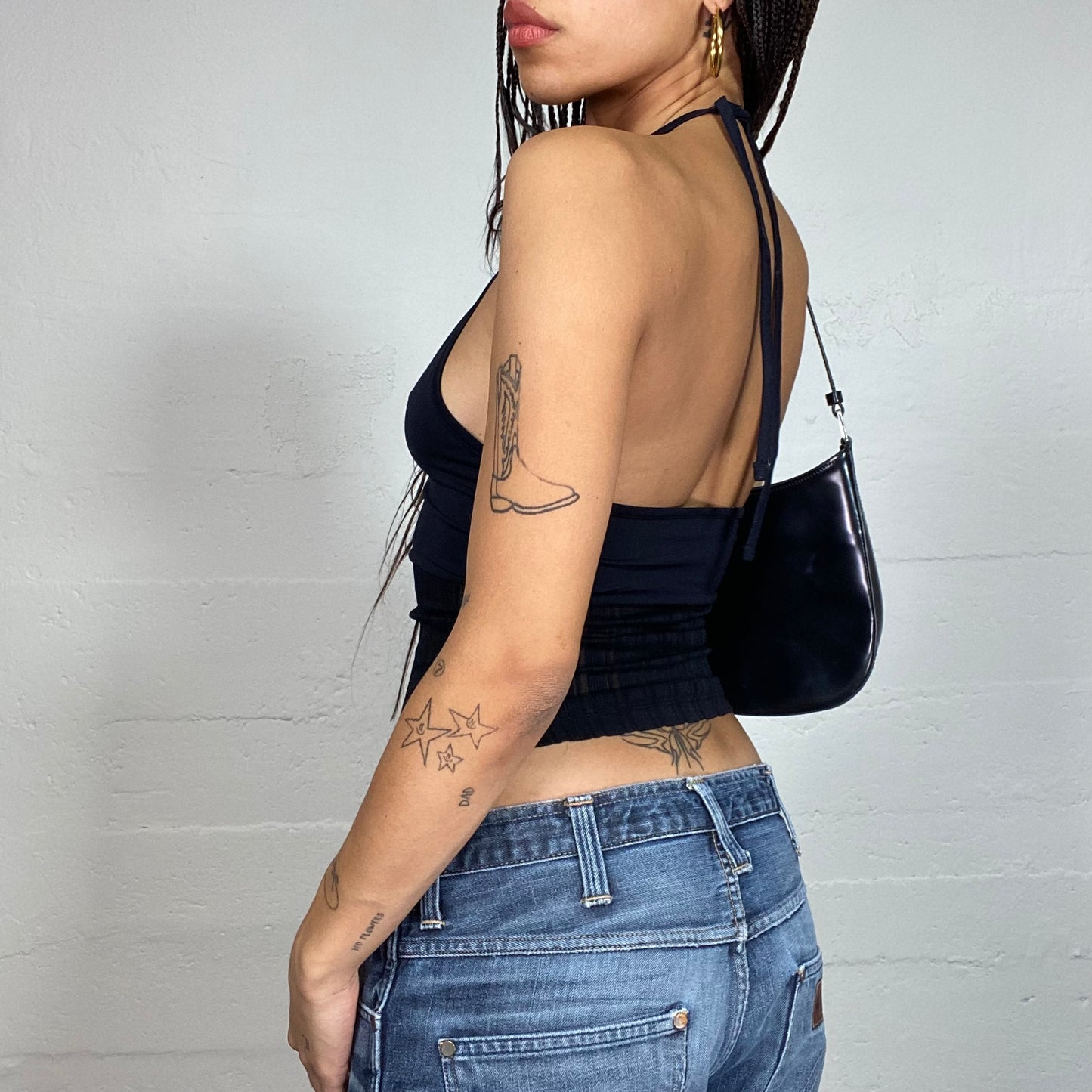 Vintage 2000's Clubwear Black Open Back Top with Mesh Pinestripes Bottom Part (S)