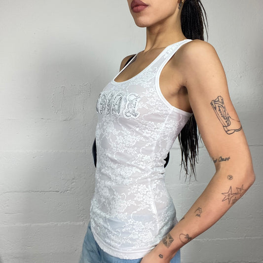Vintage 2000's Downtown Girl White Lace Top with Patched Typography Detail (S/M)