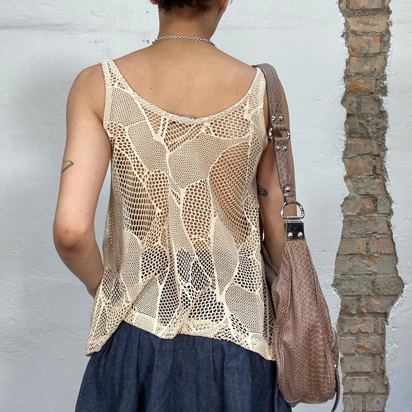 Vintage 2000's Boho Beige Fishnet Effect Top (S/M)