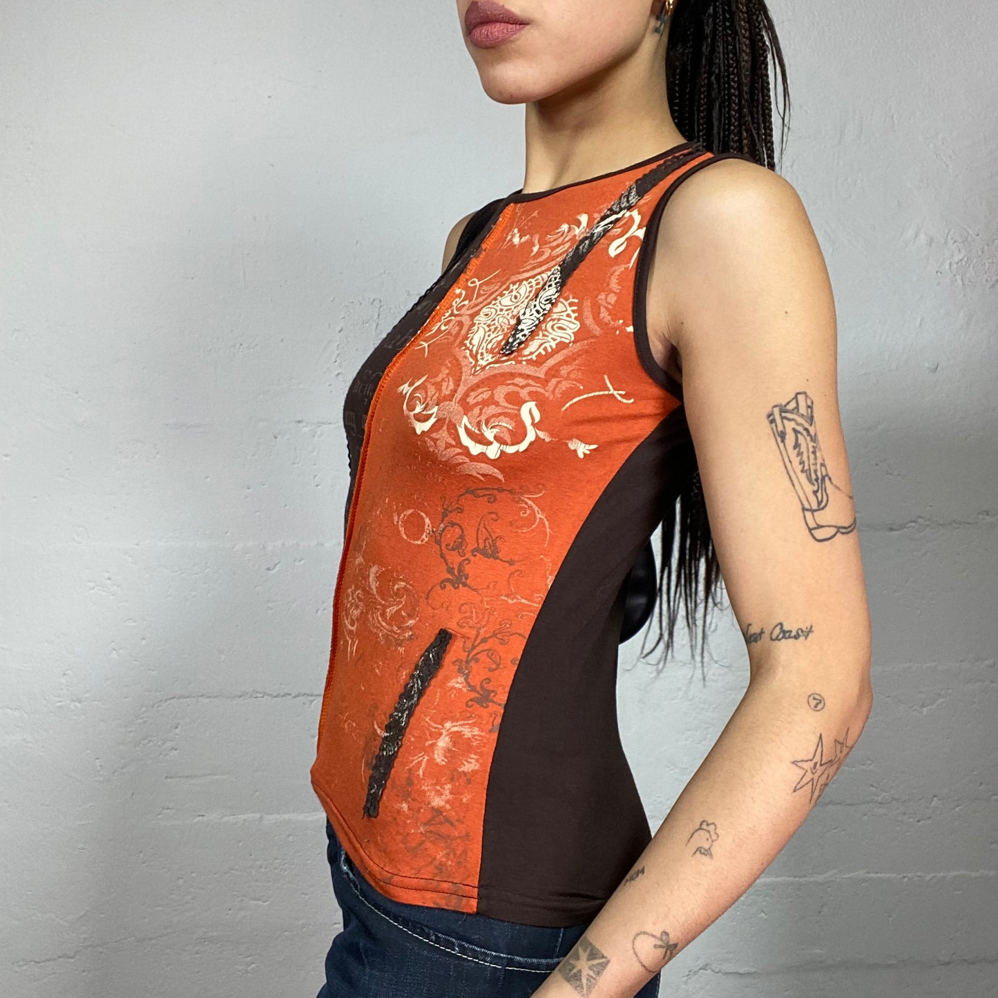 Vintage 2000's Rave Orange and Brown Top with Gothic Lettering Print (S)