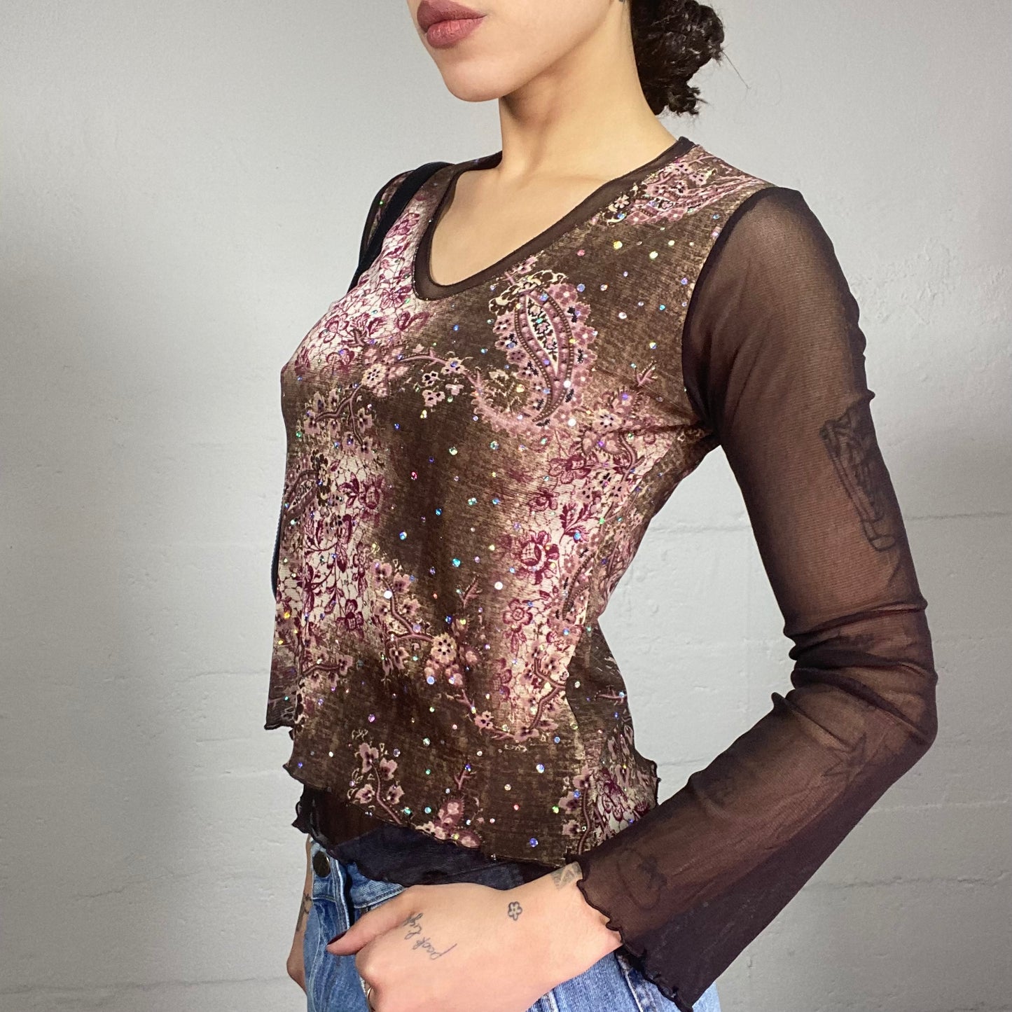 Vintage 90's Hippie Brown Longsleeve Top with Garnet Nature Print and Strass Detail (M)