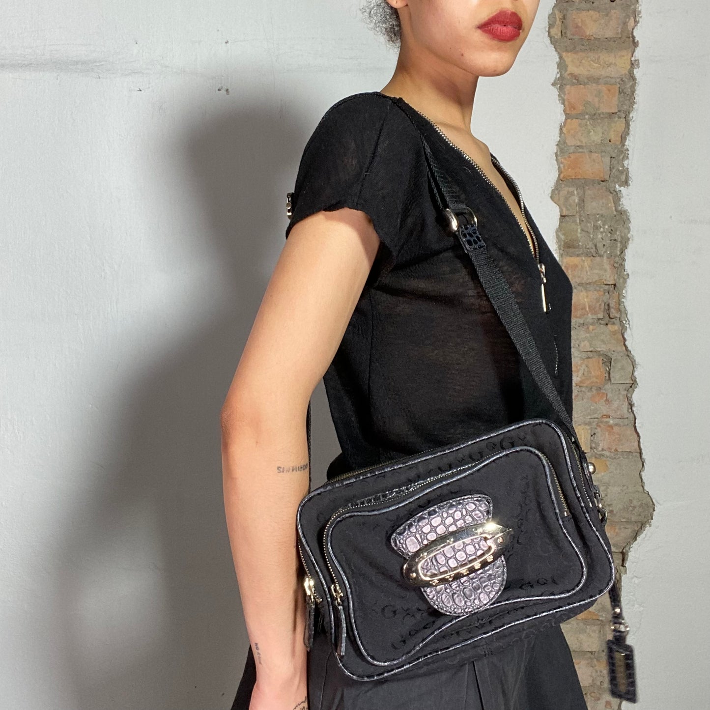 Vintage 2000's Guess Black Crossbody Bag with Monogram Print and Leather Piping