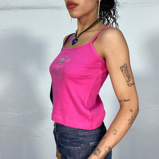 Vintage 90's Downtown Girl  Hot Pink Top with Cat "J'adore Paris" Rhinestone Print (M)