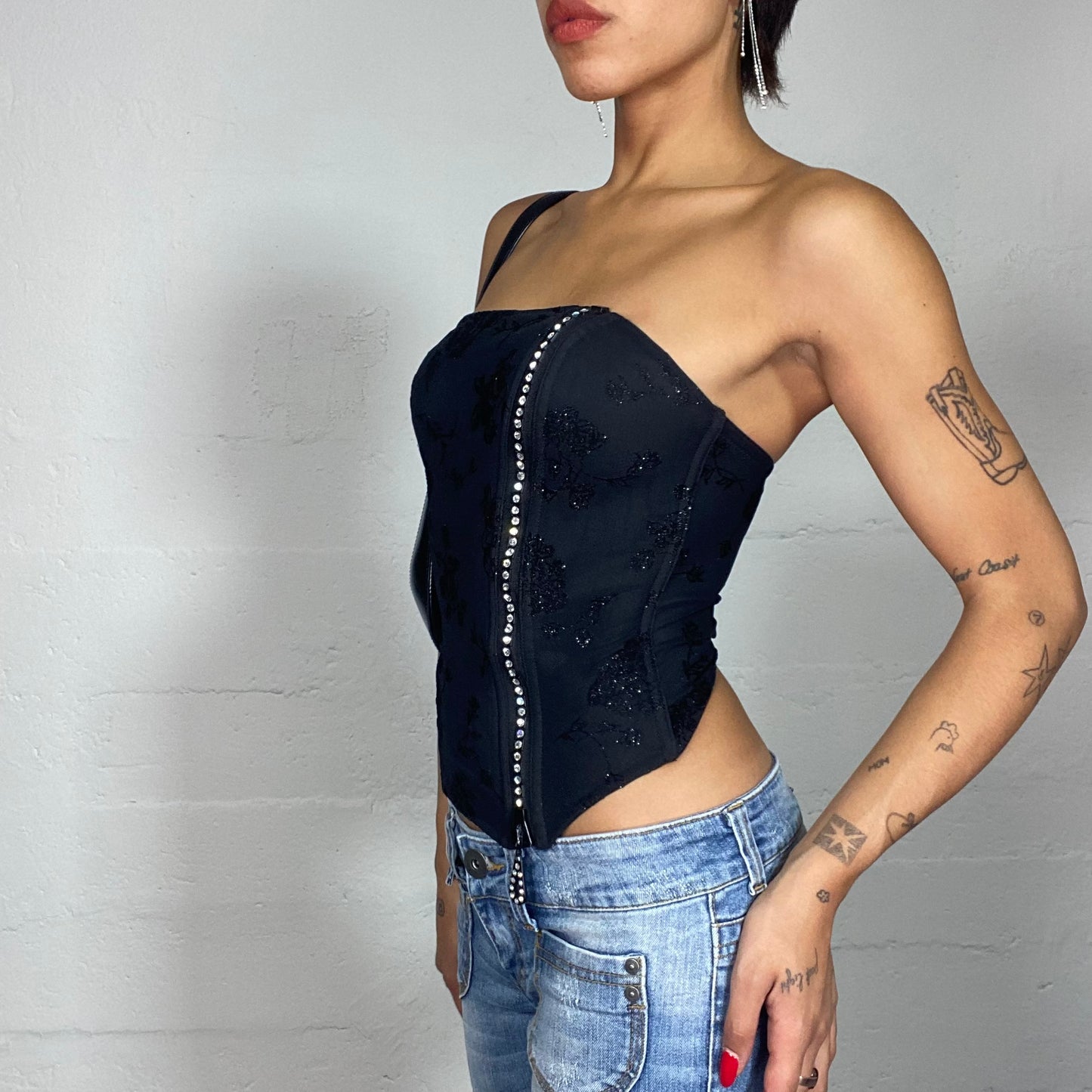 Vintage 2000's Clubwear Strapless Black Corset Top with Glitter Floral Print and Strass Zip Up Detail (S)