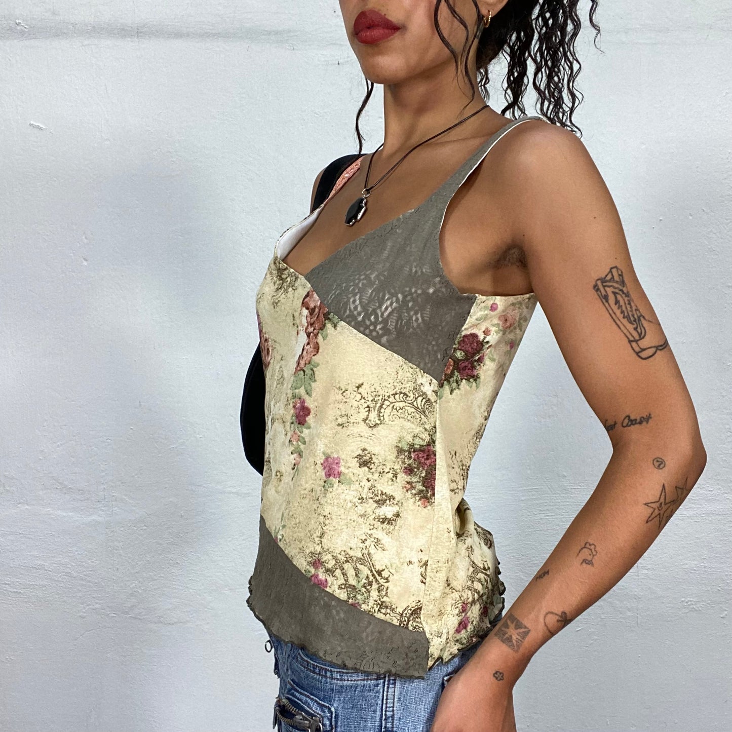 Vintage 2000's Grunge Asymmetric Khaki and Pastel Yellow Top with Lace and Floral Print (M)