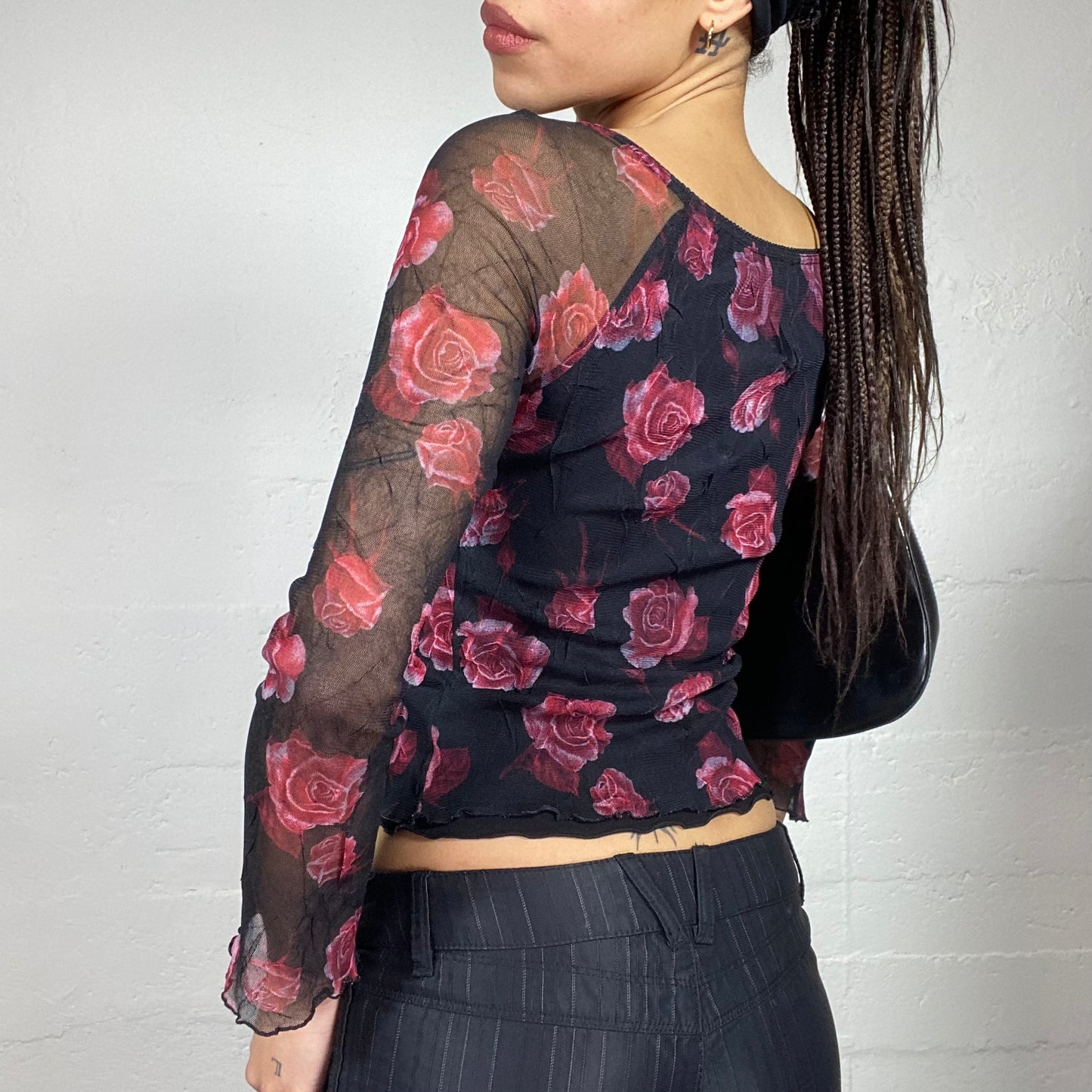 Vintage 2000's Classic Black Mesh Longsleeve Top with Pink Roses Print (S/M)