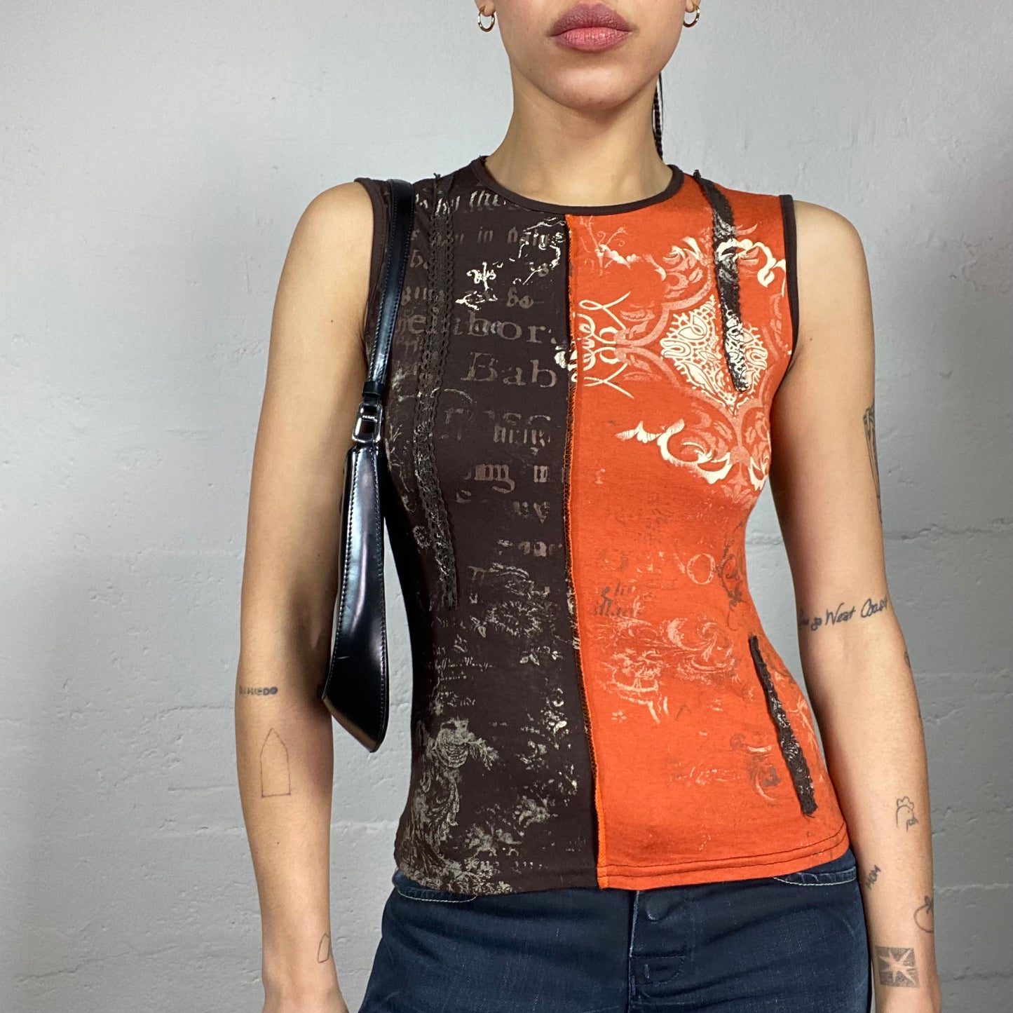 Vintage 2000's Rave Orange and Brown Top with Gothic Lettering Print (S)