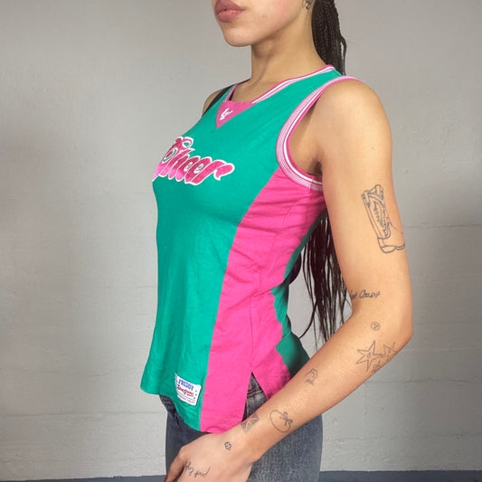 Vintage 2000's Sporty Green Top with Pink 'Cheer' Text Detail (S)