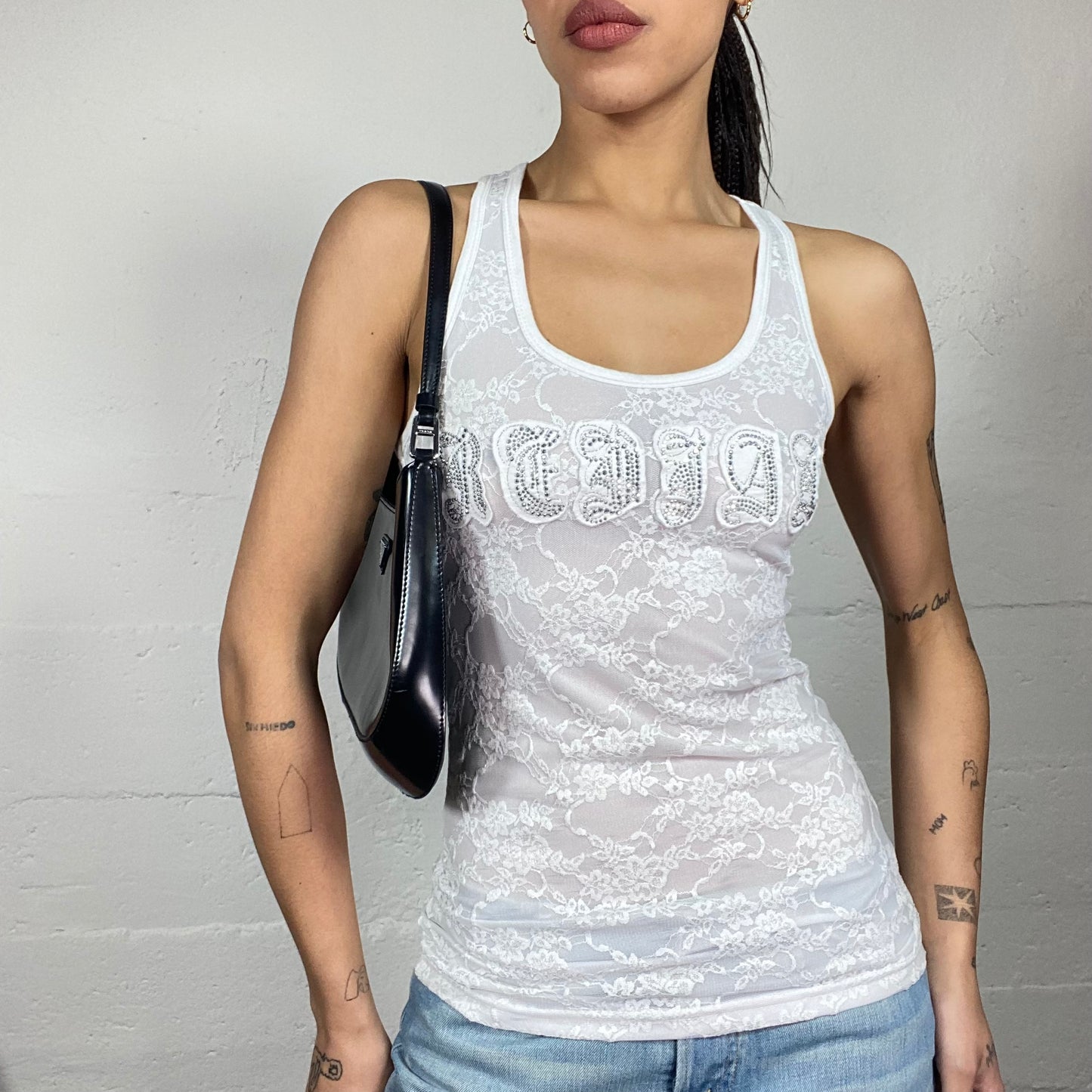 Vintage 2000's Downtown Girl White Lace Top with Patched Typography Detail (S/M)