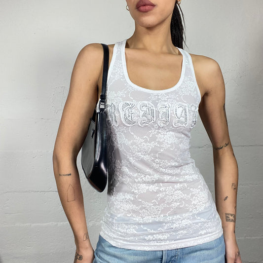 Vintage 2000's Downtown Girl White Lace Top with Patched Typography Detail (S/M)
