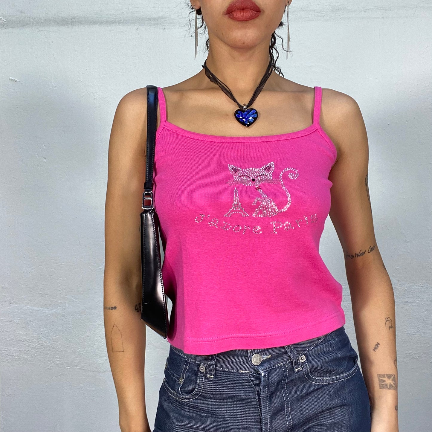 Vintage 90's Downtown Girl  Hot Pink Top with Cat "J'adore Paris" Rhinestone Print (M)