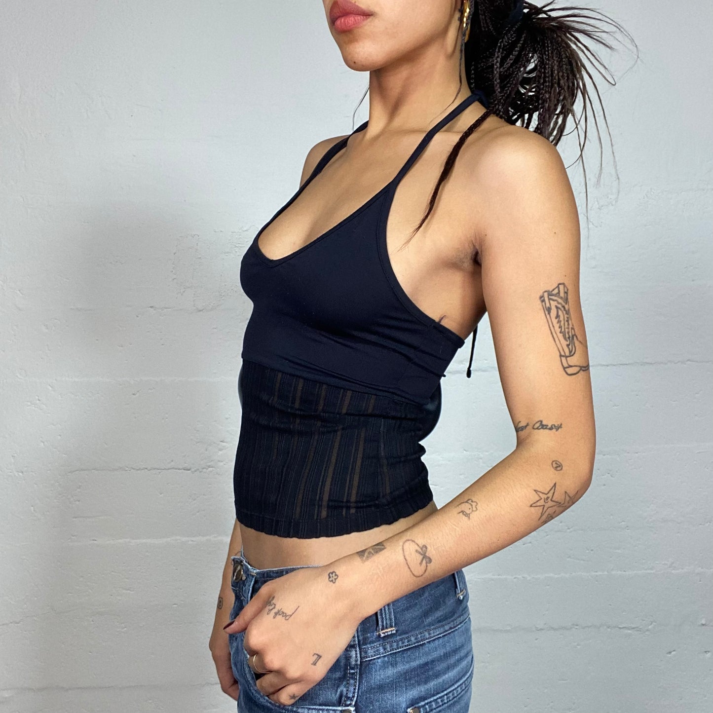 Vintage 2000's Clubwear Black Open Back Top with Mesh Pinestripes Bottom Part (S)