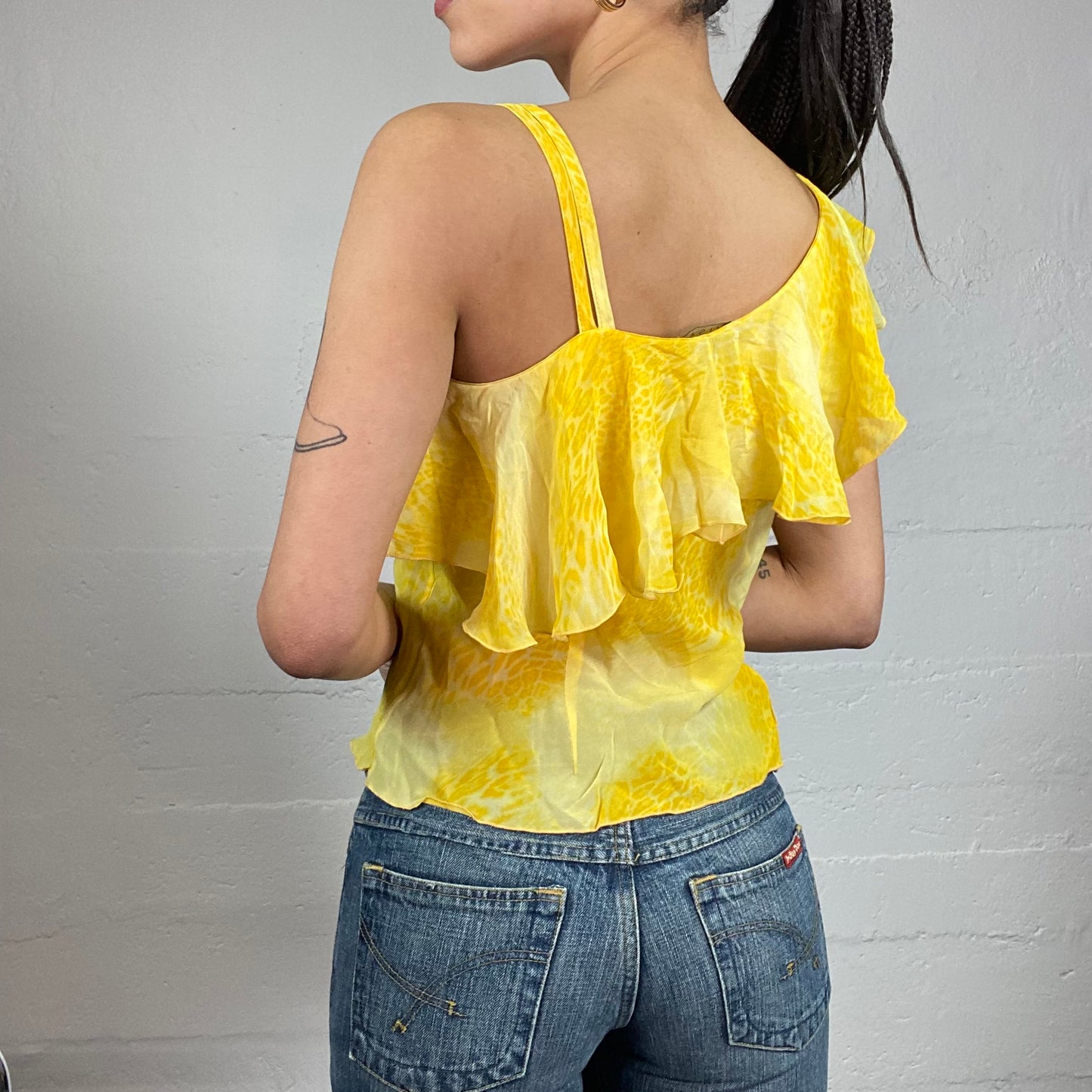 Vintage 2000's Festive Yellow Frilled Blouse Top with Cheetah Print (S/M)