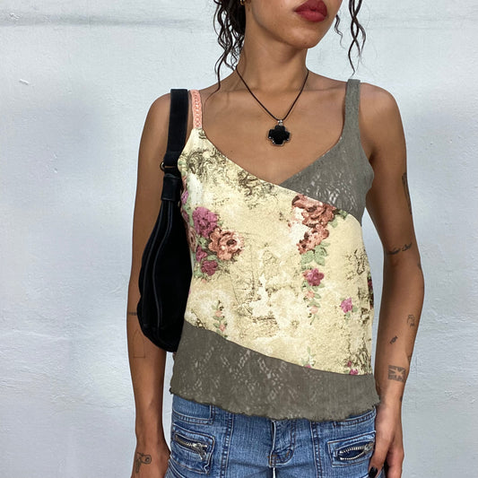 Vintage 2000's Grunge Asymmetric Khaki and Pastel Yellow Top with Lace and Floral Print (M)