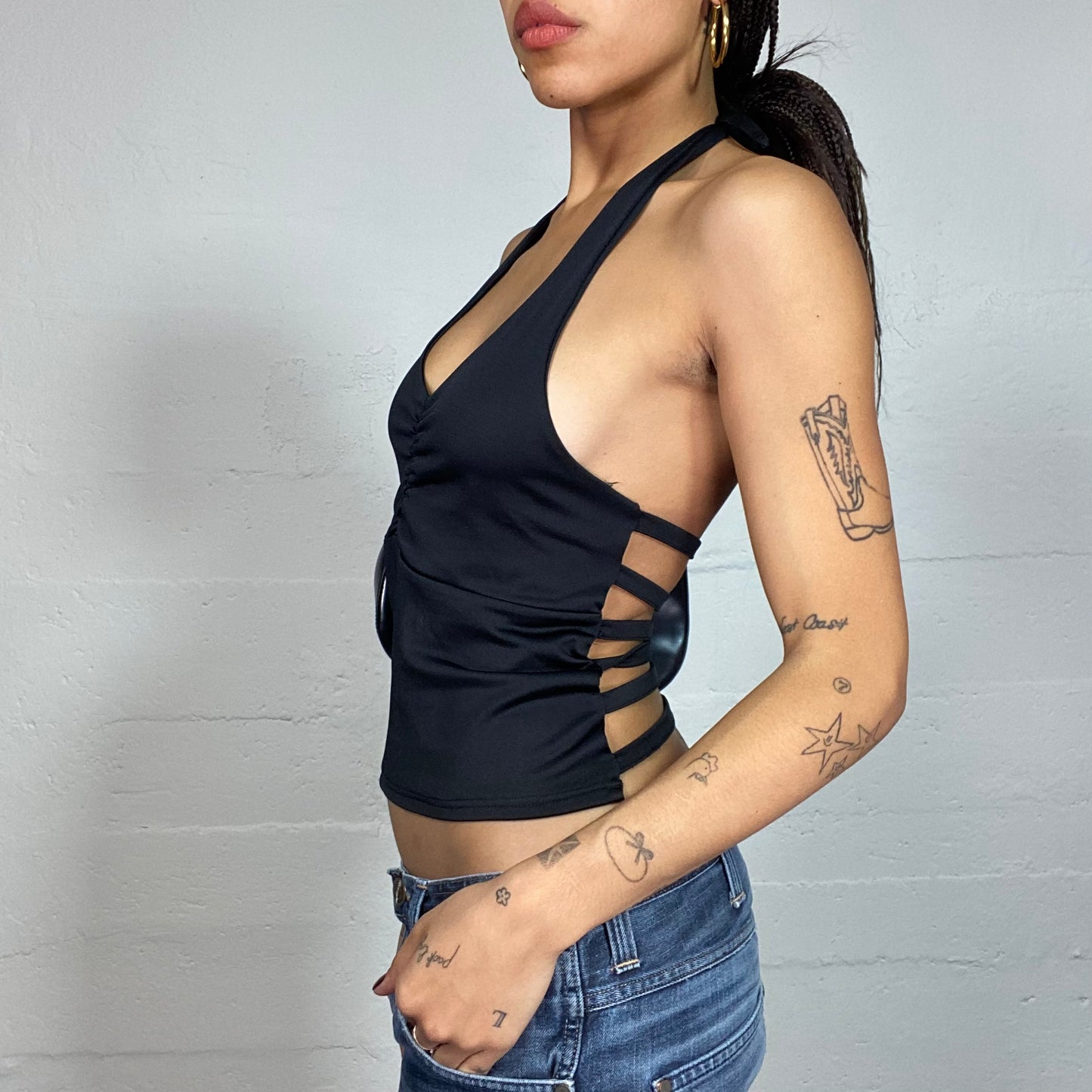 Vintage 2000's Clubwear Black Neckholder Top with Crossed Open Back Detail (S)