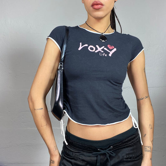 Vintage 2000's Roxy College Girl Black Cropped Top with Pink Logo Brand Print (S)