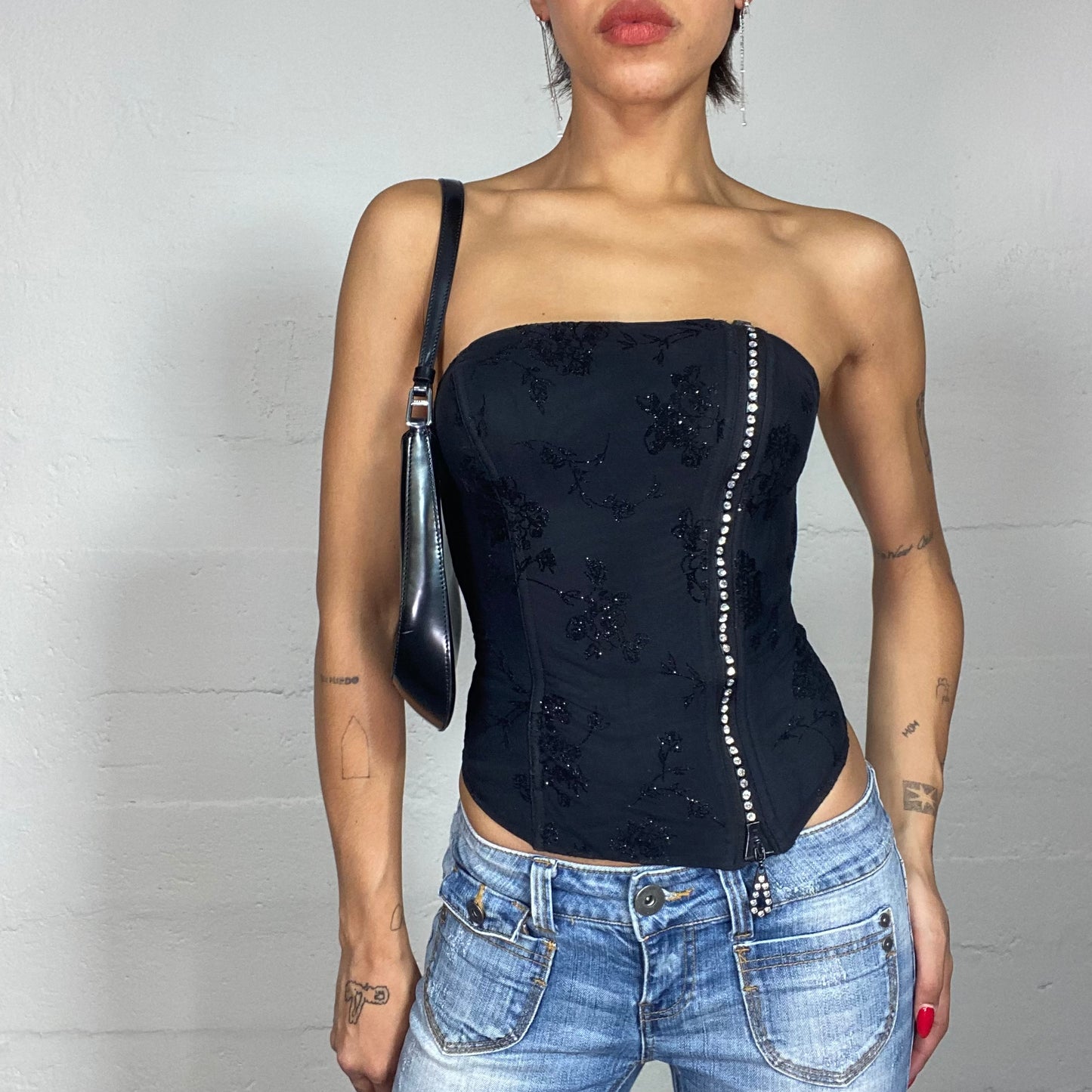 Vintage 2000's Clubwear Strapless Black Corset Top with Glitter Floral Print and Strass Zip Up Detail (S)