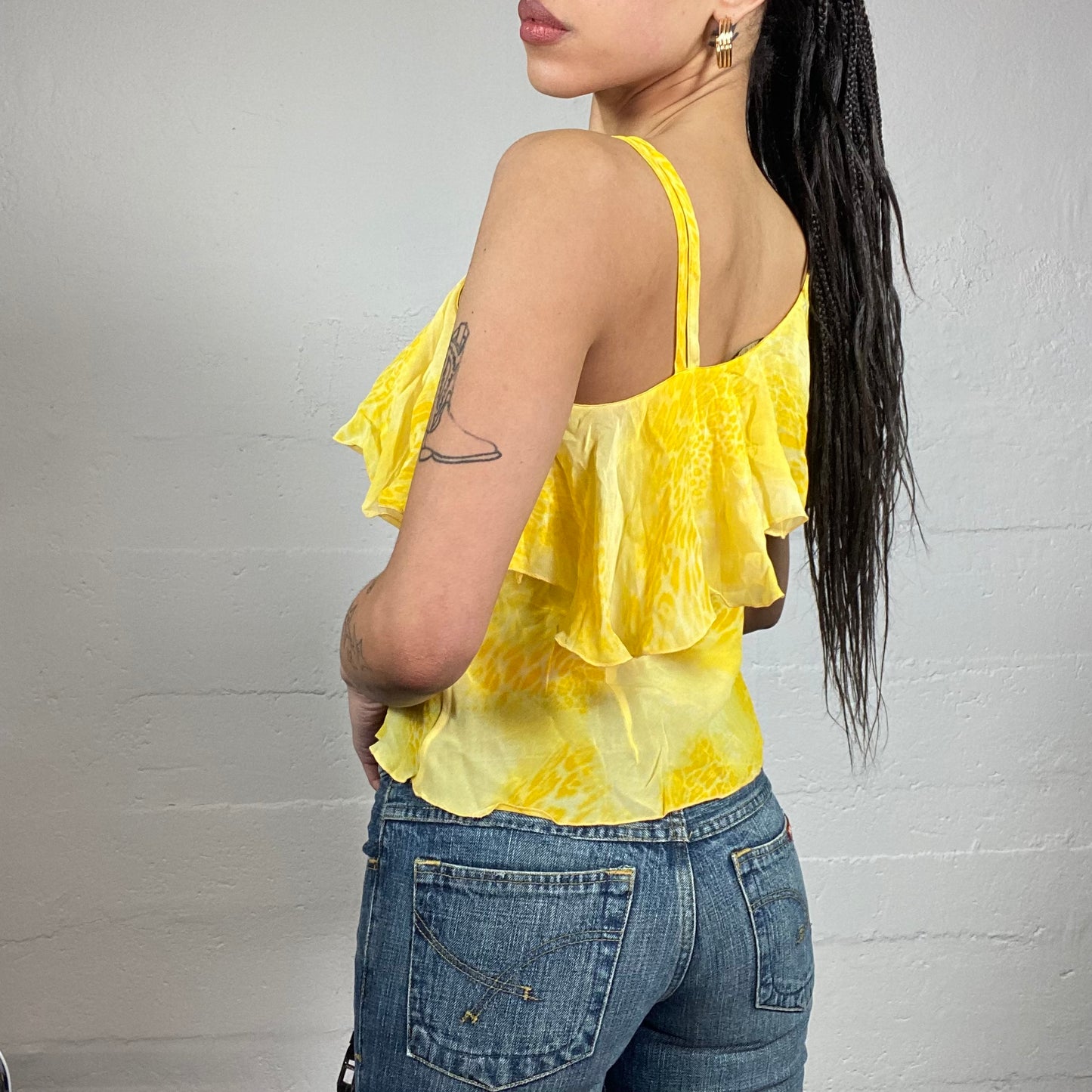 Vintage 2000's Festive Yellow Frilled Blouse Top with Cheetah Print (S/M)