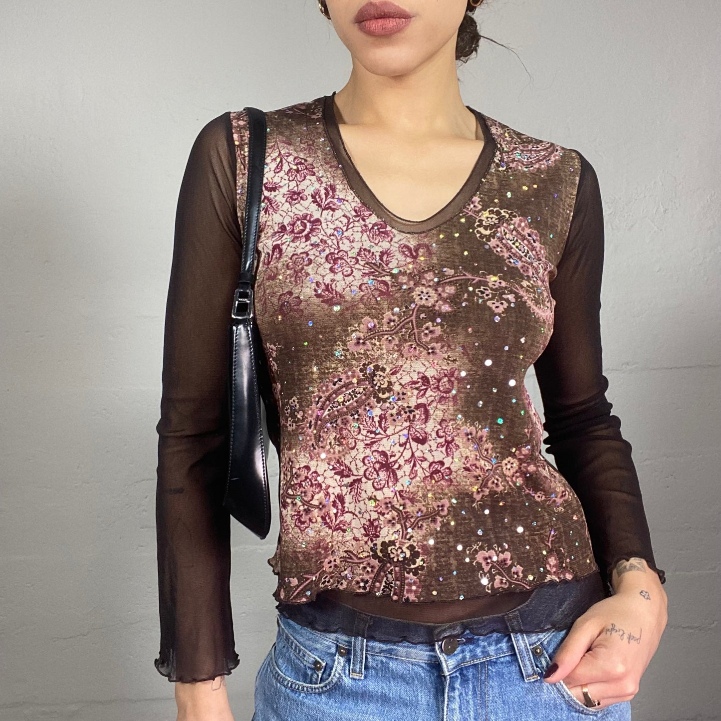 Vintage 90's Hippie Brown Longsleeve Top with Garnet Nature Print and Strass Detail (M)