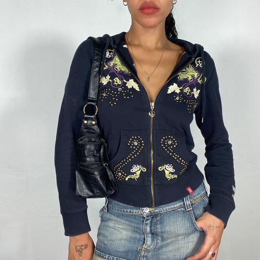 Vintage 2000's Black Zip Up Sweater with Embroidery and Studs (S/M)