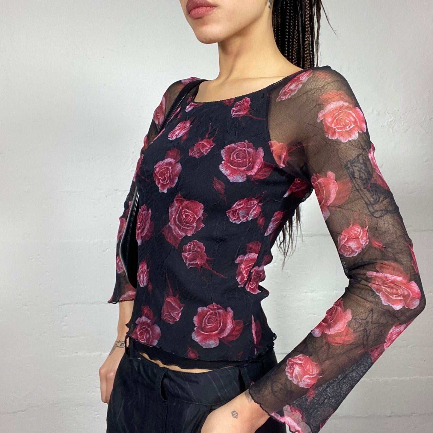Vintage 2000's Classic Black Mesh Longsleeve Top with Pink Roses Print (S/M)