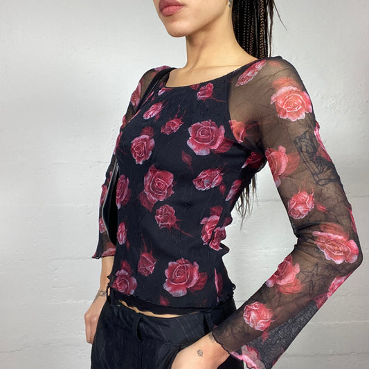 Vintage 2000's Classic Black Mesh Longsleeve Top with Pink Roses Print (S/M)