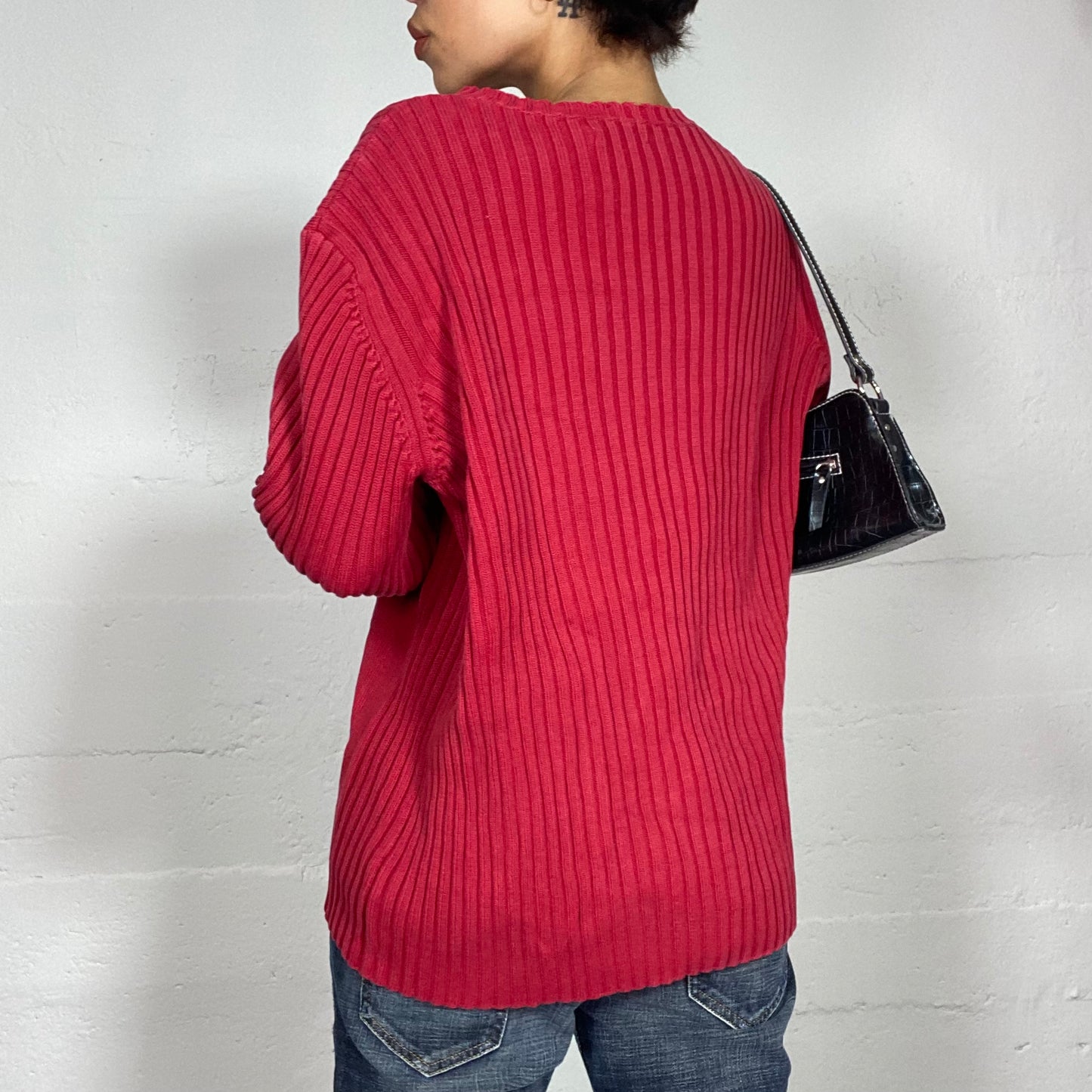 Vintage 90's Classic Red Oversized Sweater with White Frontal Two Trim Detail (L)