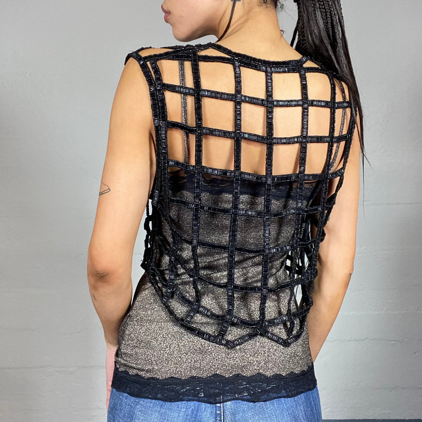 Vintage 2000's Clubwear Black Maxi Fishnet Glitter Vest (M)