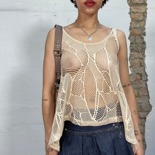 Vintage 2000's Boho Beige Fishnet Effect Top (S/M)