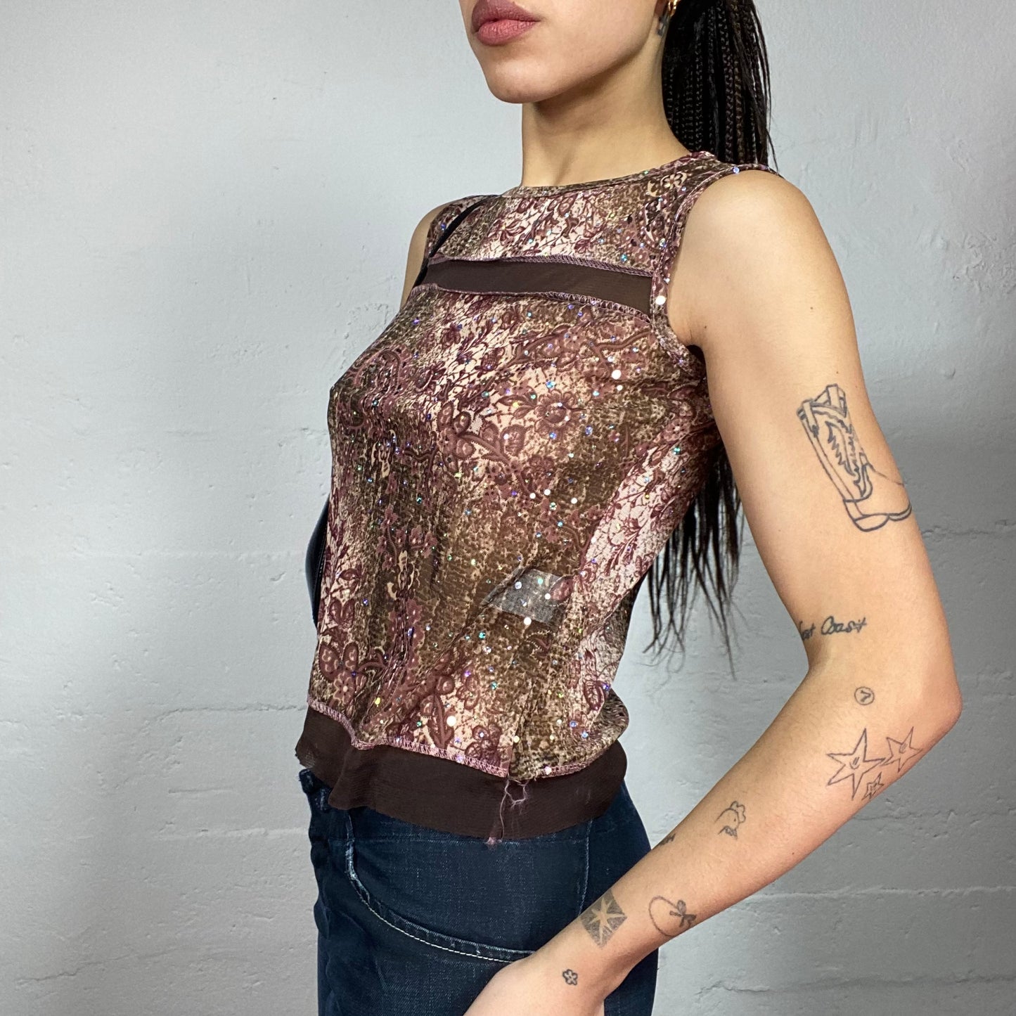 Vintage 2000's Boho Brown Floral Print Top with Sequins Detail (S/M)