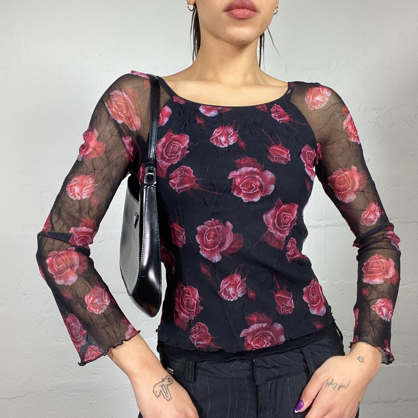 Vintage 2000's Classic Black Mesh Longsleeve Top with Pink Roses Print (S/M)