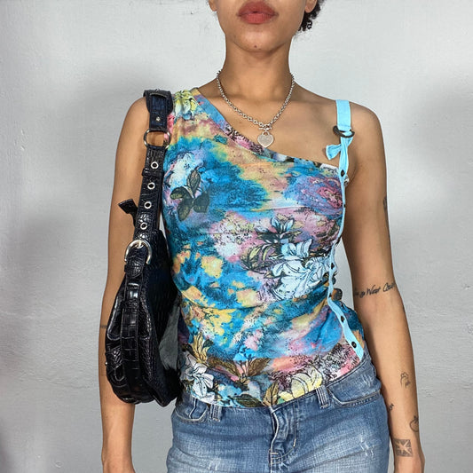 Vintage 2000's Funky Blue Pink and Yellow One Shoulder Top with Floral Print (S)