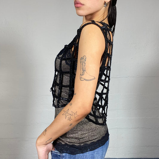 Vintage 2000's Clubwear Black Maxi Fishnet Glitter Vest (M)