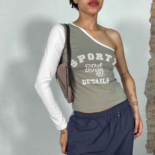 Vintage 90's Streetsyle White and Khaki One Shoulder Top with 'Sporty N&S Details' Print (S/M)