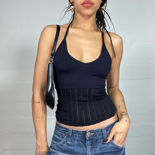 Vintage 2000's Clubwear Black Open Back Top with Mesh Pinestripes Bottom Part (S)