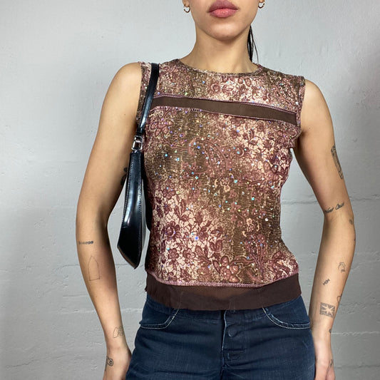 Vintage 2000's Boho Brown Floral Print Top with Sequins Detail (S/M)