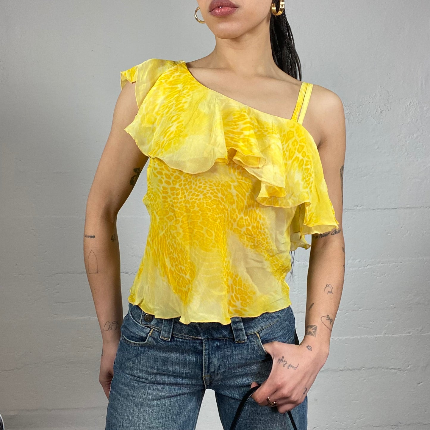 Vintage 2000's Festive Yellow Frilled Blouse Top with Cheetah Print (S/M)