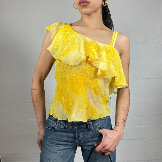 Vintage 2000's Festive Yellow Frilled Blouse Top with Cheetah Print (S/M)