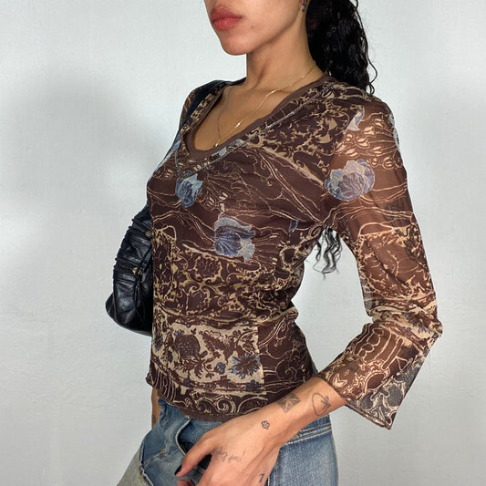 Vintage 90's Phoebe Buffay Brown Longsleeve Top with Floral Print (S/M)