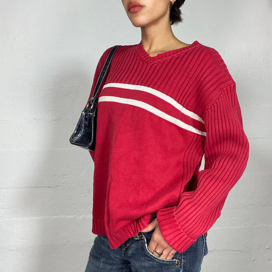 Vintage 90's Classic Red Oversized Sweater with White Frontal Two Trim Detail (L)