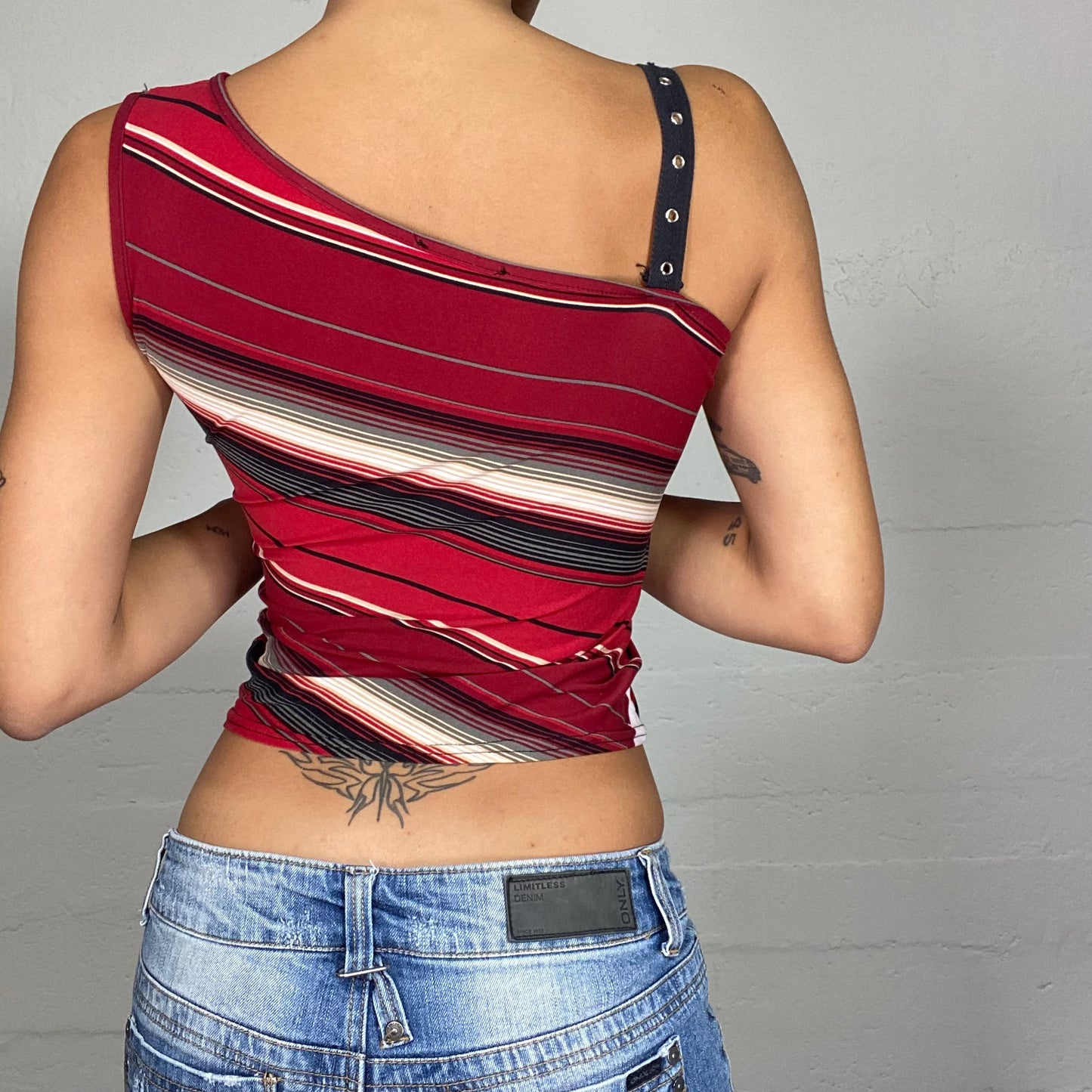 Vintage 2000's Clubwear Asymmetric Red Top with Stripes Print and Belt Strap Detail (S)