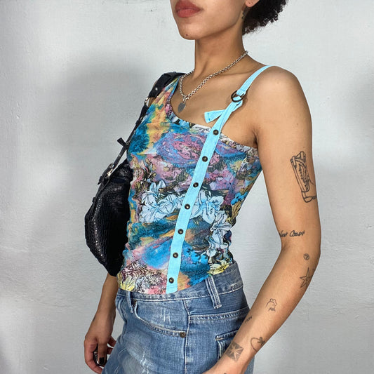 Vintage 2000's Funky Blue Pink and Yellow One Shoulder Top with Floral Print (S)