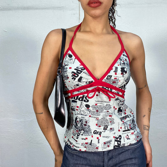 Vintage 2000's Downtown Girl Grey Neckholder Top with Red Contour and Newspaper Print (S)