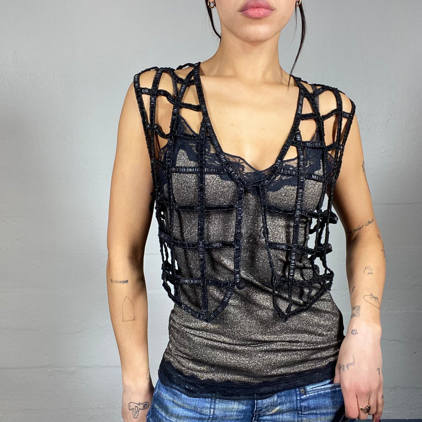 Vintage 2000's Clubwear Black Maxi Fishnet Glitter Vest (M)