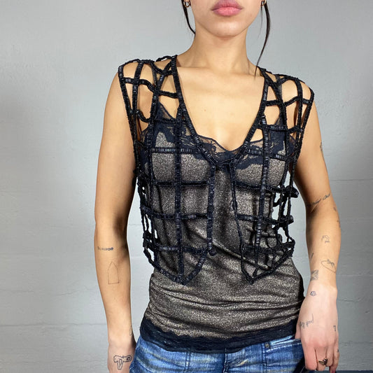 Vintage 2000's Clubwear Black Maxi Fishnet Glitter Vest (M)