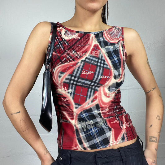 Vintage 90's Punk Red and Black Top with Checkered Patches Print (S/M)