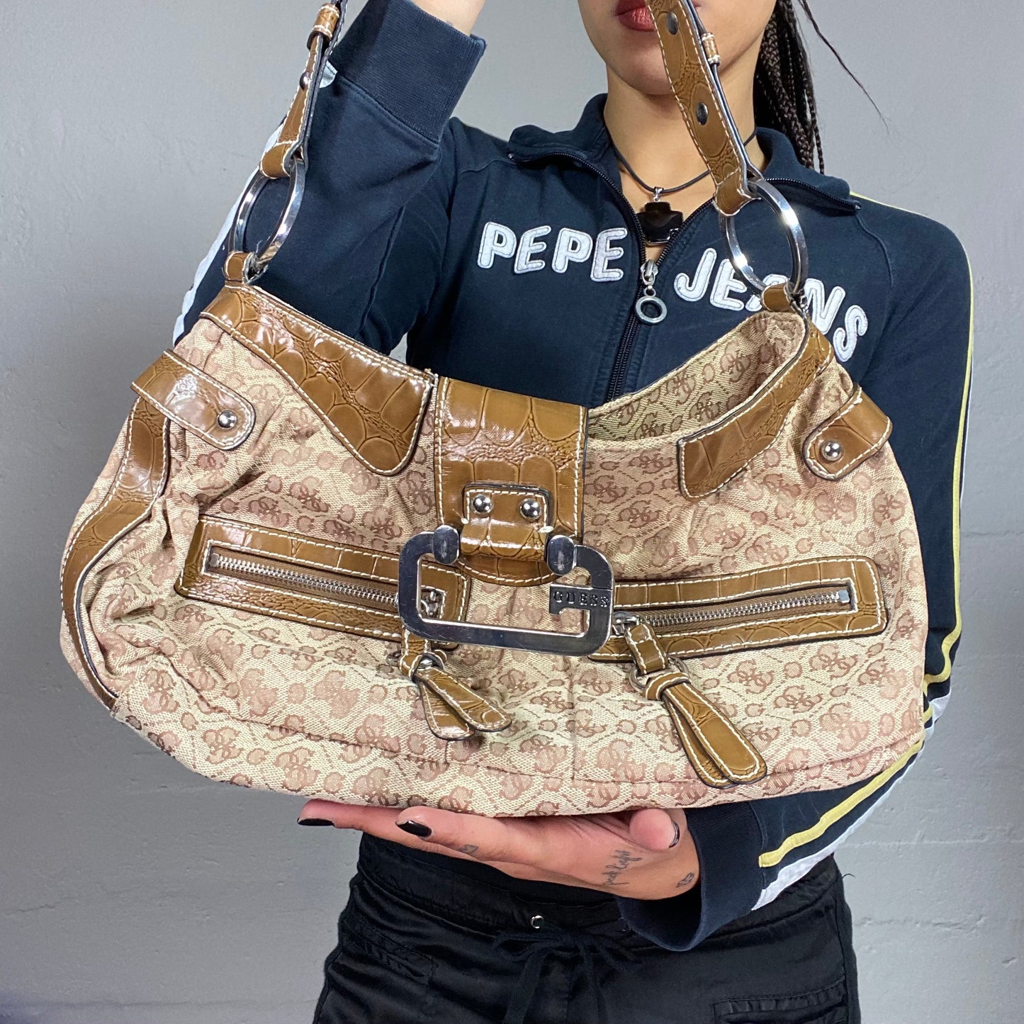 Vintage 2000's Guess Model Off Duty Brown Shoulder Bag with Mongoram Print